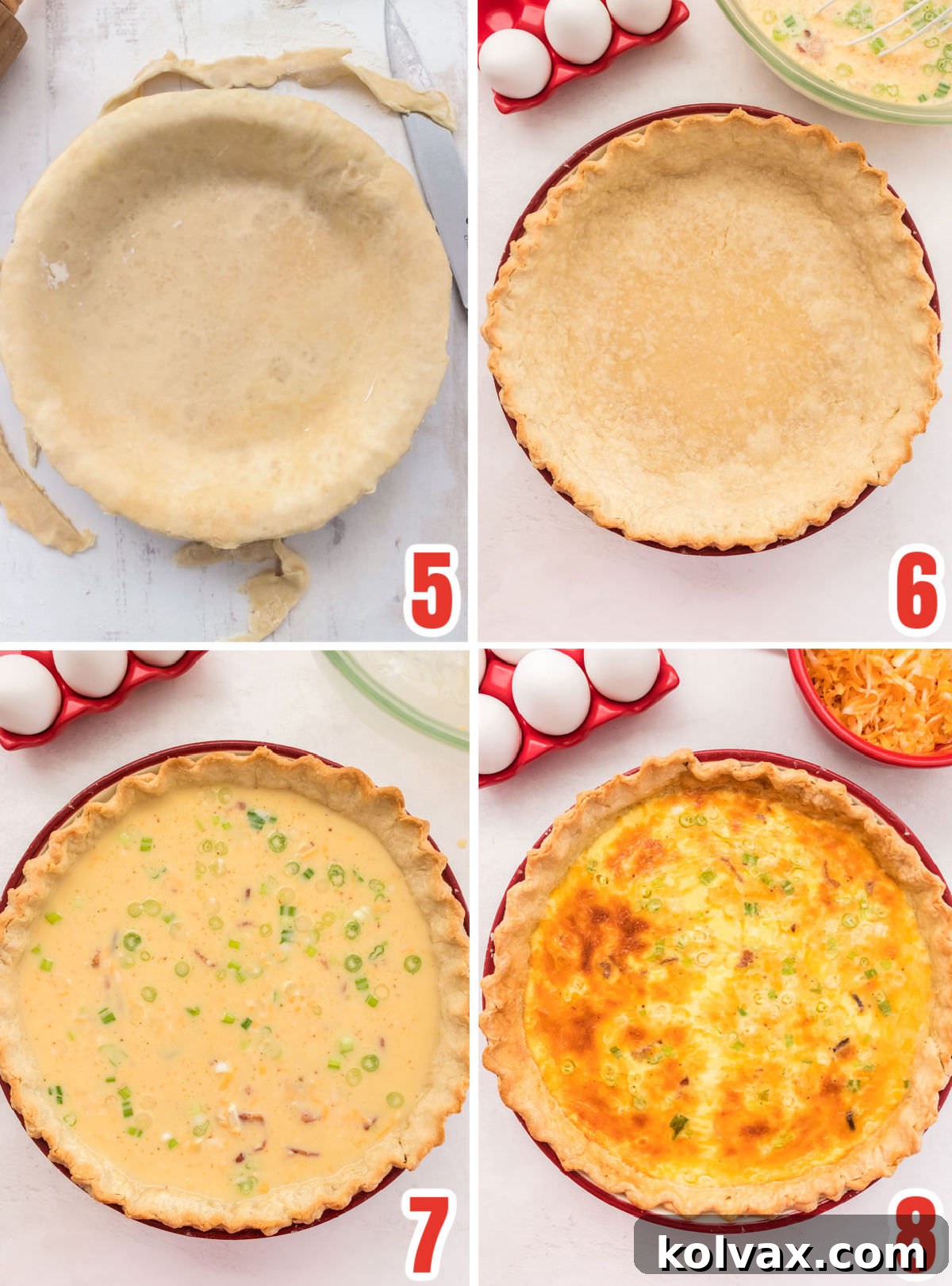 A detailed visual guide demonstrating the baking process of Quiche Lorraine, from pouring the filling into the par-baked crust to the final golden-brown, perfectly set quiche.