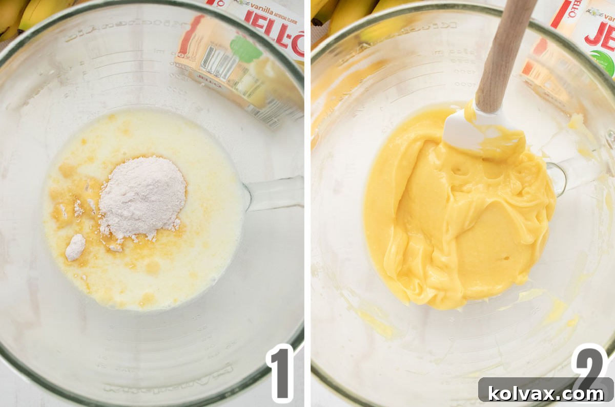 A visual collage showing the first two steps of preparing the instant vanilla pudding mix: adding milk and whisking until thickened.