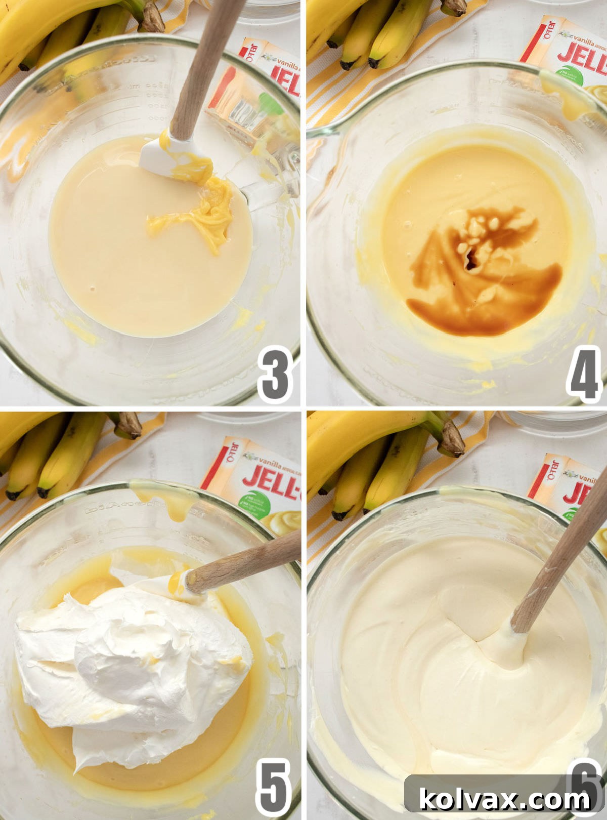 A collage demonstrating the steps to finish the pudding mixture: stirring in sweetened condensed milk, vanilla extract, and gently folding in Cool Whip to achieve a thick, fluffy texture.