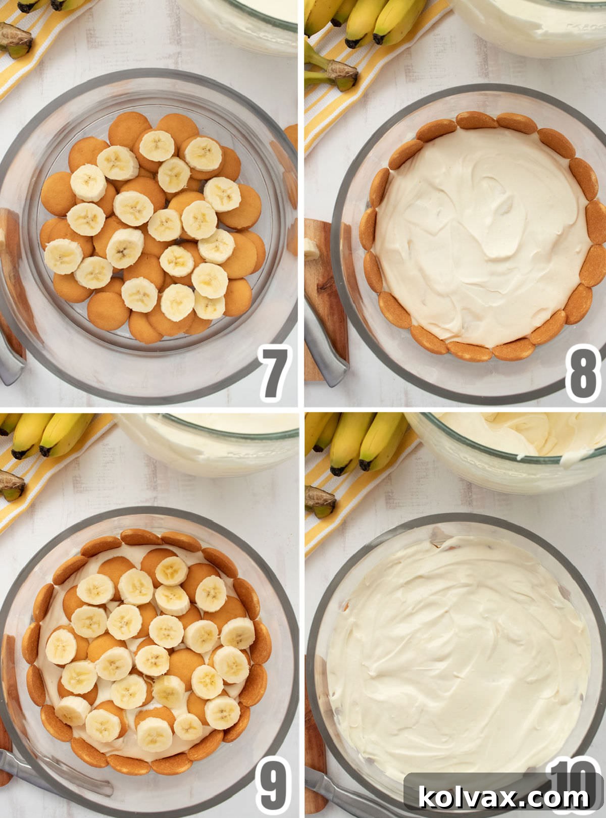 A visual guide showing the initial layers of the banana pudding assembly: placing Nilla Wafers and sliced bananas, followed by a layer of pudding and a decorative wafer circle.