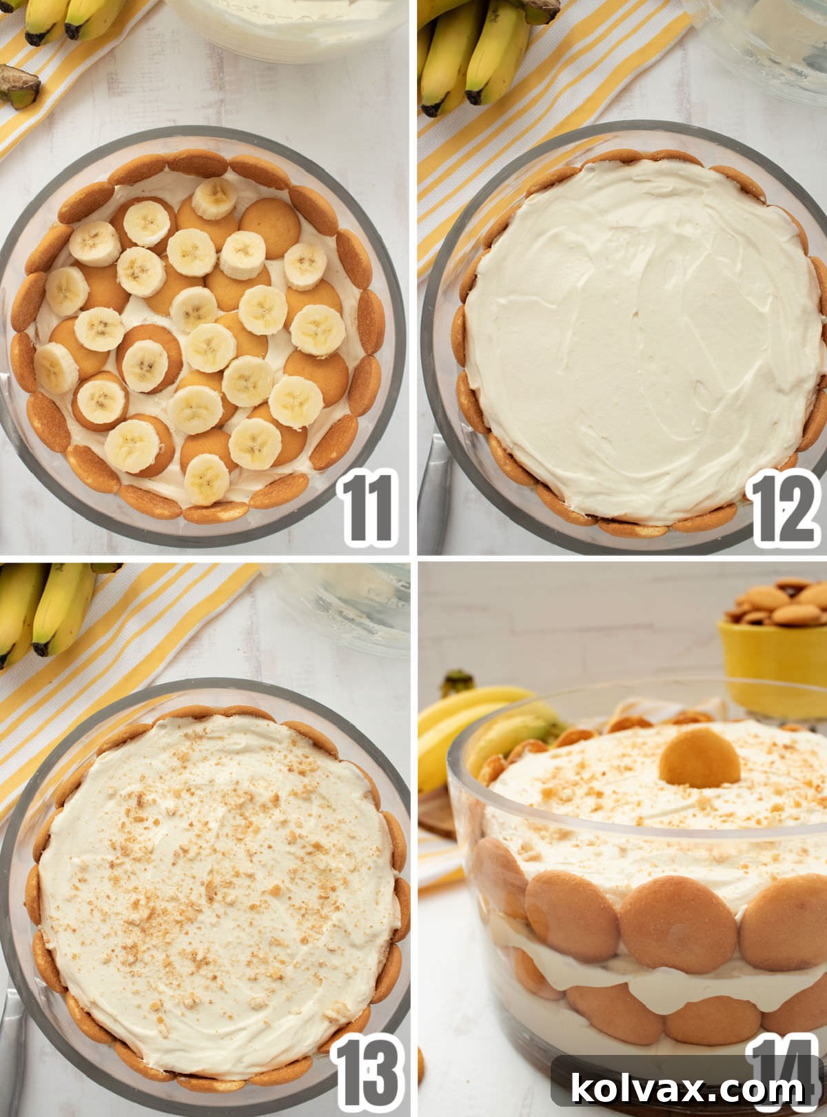 A sequence of images detailing the final assembly steps for the banana pudding, including adding more layers of wafers and bananas, a final pudding layer, and garnishing with wafer crumbs and a whole wafer.