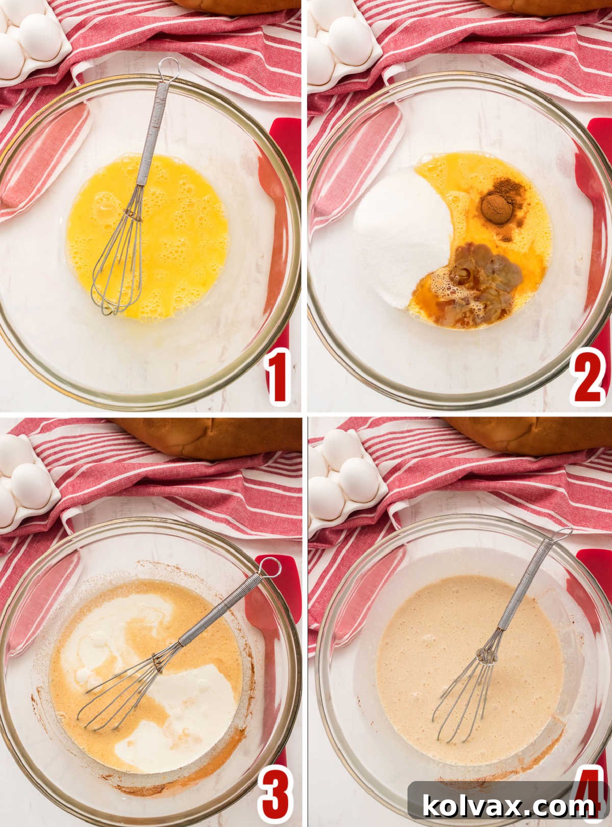 Step-by-step collage showing how to prepare the creamy custard mixture for classic bread pudding, including whisking eggs, adding sugar and spices, and incorporating cream.