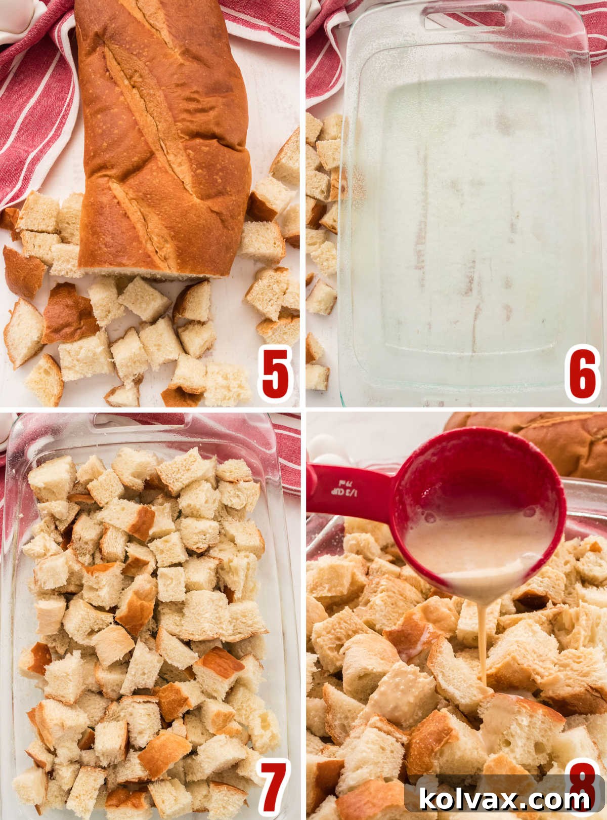 Collage showing the assembly process of bread pudding, from cutting French bread to pouring the egg custard over the bread pieces in a baking dish.
