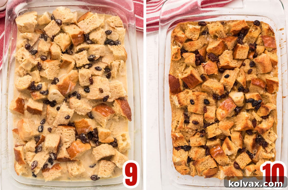 Collage showing bread pudding before baking and freshly out of the oven, golden brown and perfectly set.