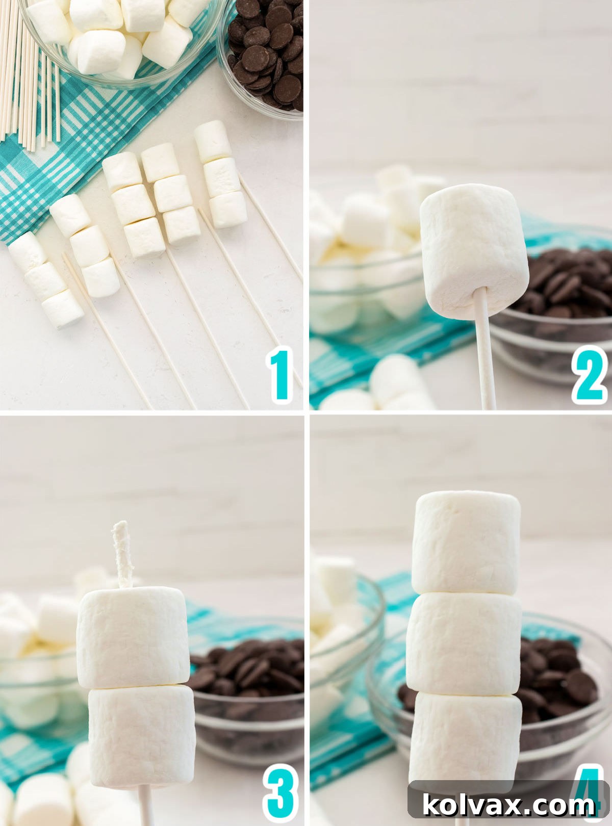 A detailed collage image illustrating the sequential steps for perfectly placing marshmallows onto a lollipop stick, ensuring stability and readiness for dipping.