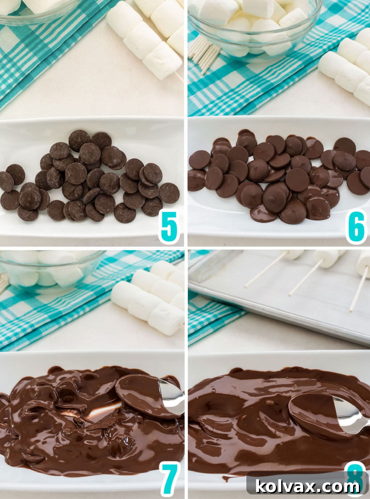 A step-by-step collage demonstrating the process of melting chocolate to the perfect consistency for dipping marshmallows, ensuring a smooth and even coating.
