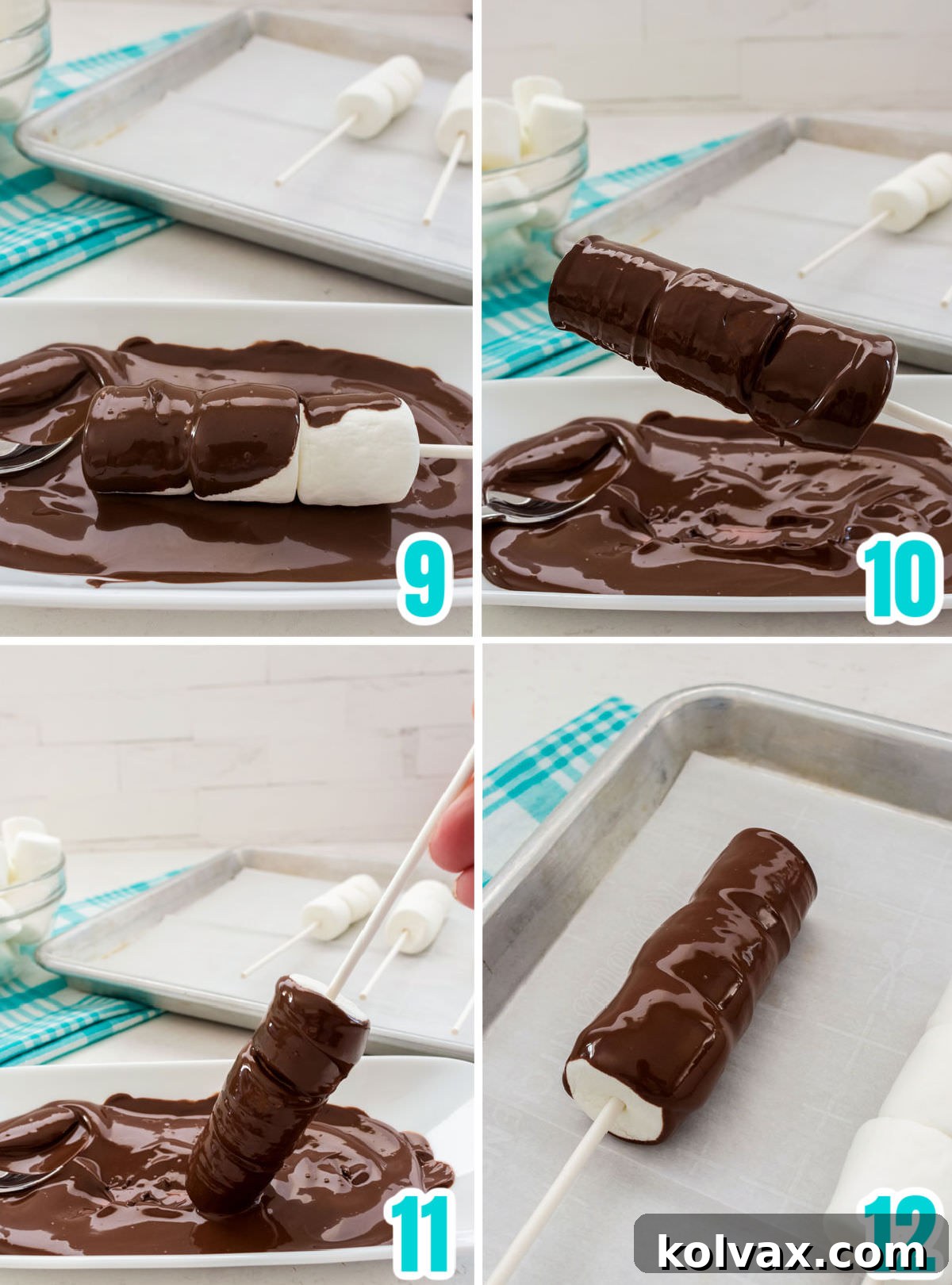 A vibrant collage illustrating the process of dipping and coating marshmallows with chocolate, showing how to achieve a perfectly smooth and even finish on each pop.