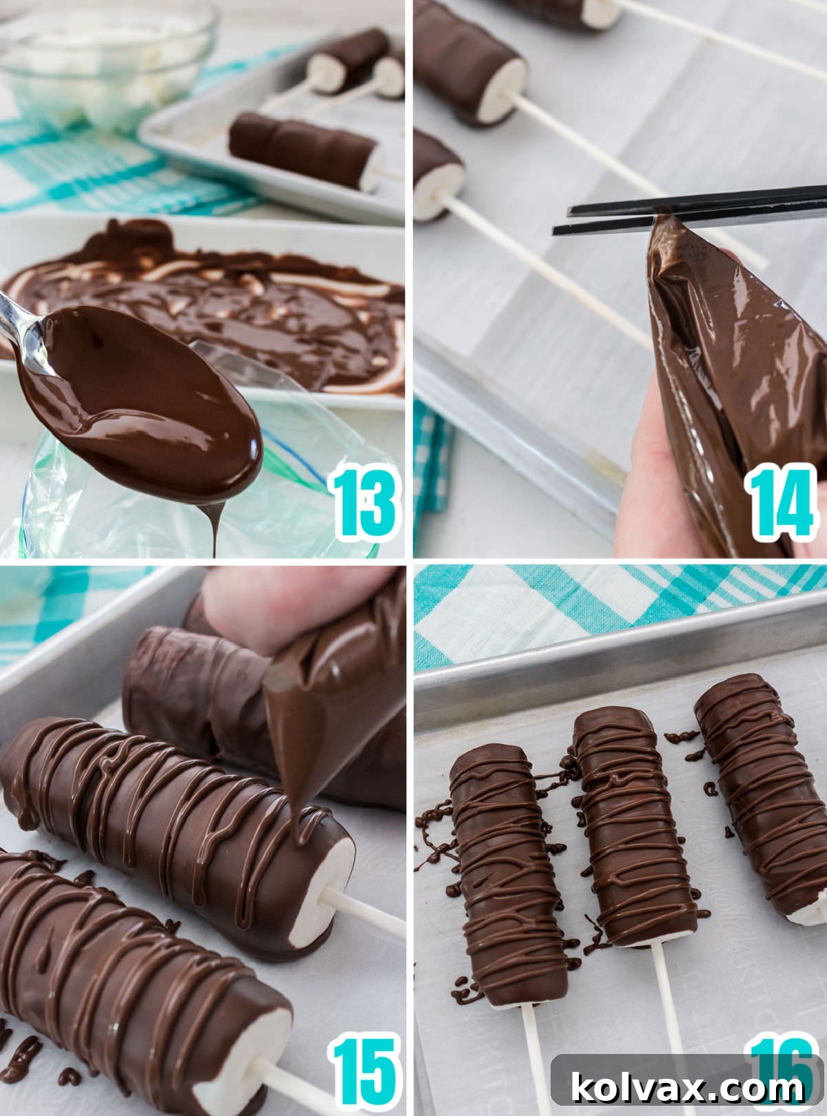 A creative collage showcasing the various steps involved in decorating Chocolate Marshmallow Pops, focusing on the drizzling technique to add an artistic touch.