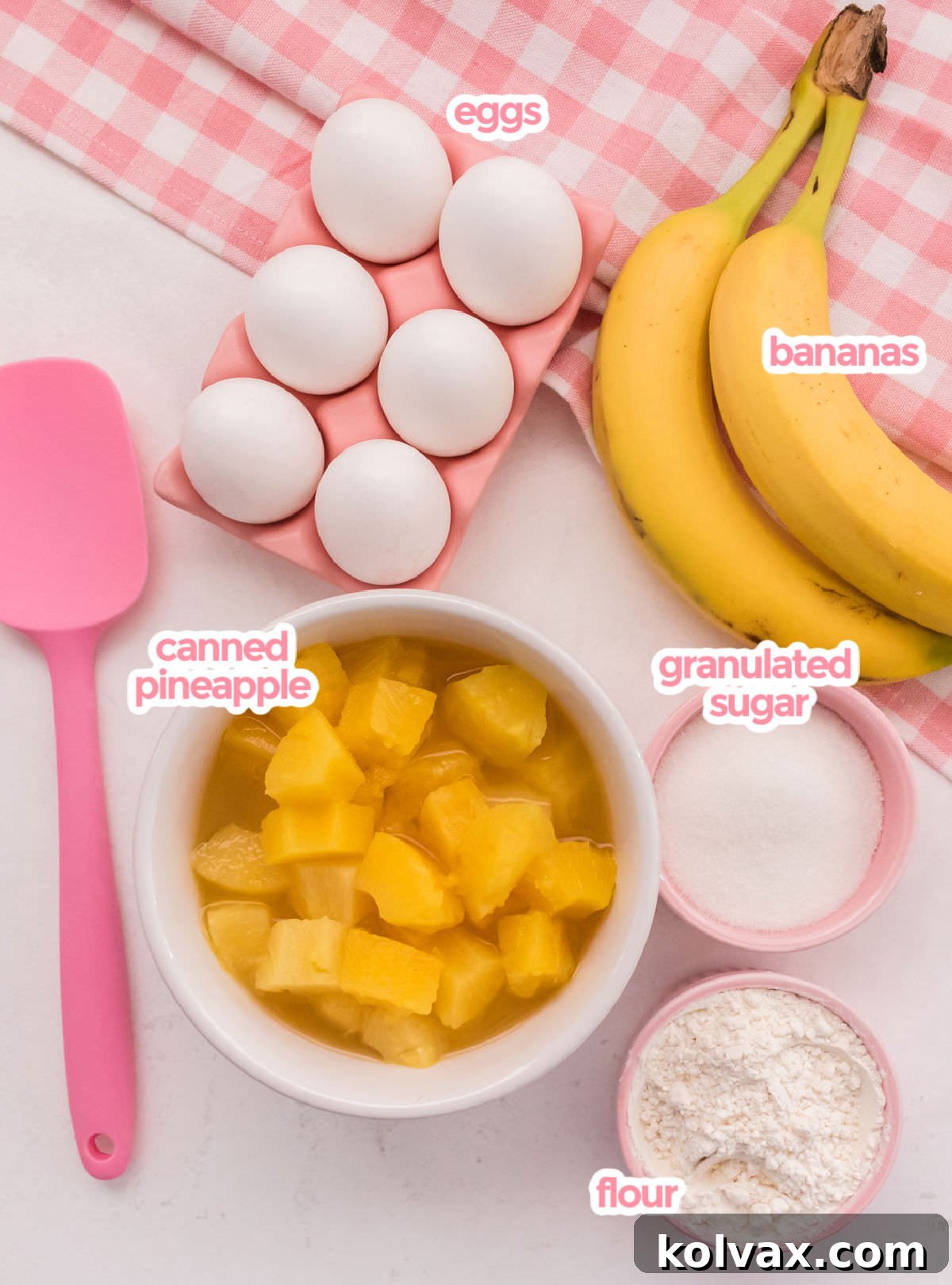 All the ingredients needed to make a creamy Pineapple Banana Fluff, including canned pineapple chunks, fresh bananas, large eggs, granulated sugar, and all-purpose flour.