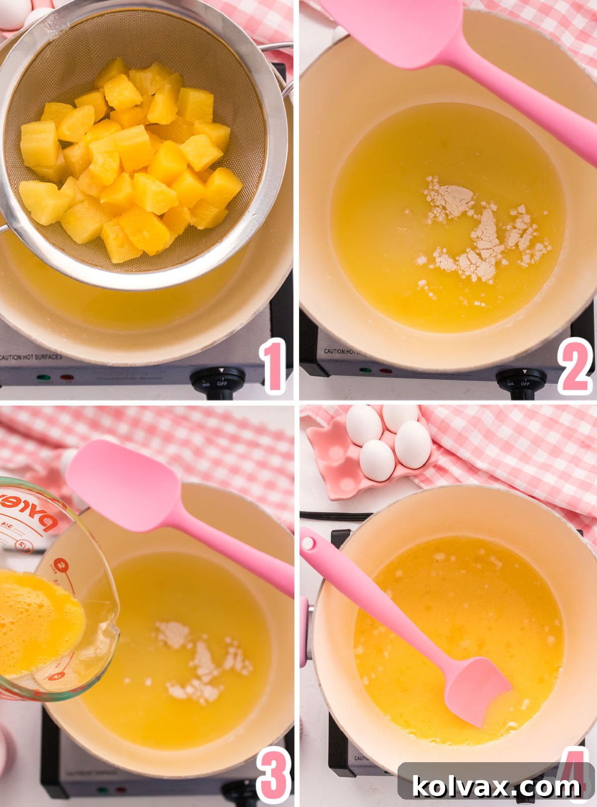 Collage image showing the steps for making the pineapple custard mixture for a creamy Pineapple Banana Fluff, highlighting the draining, mixing, whisking, and cooking process.