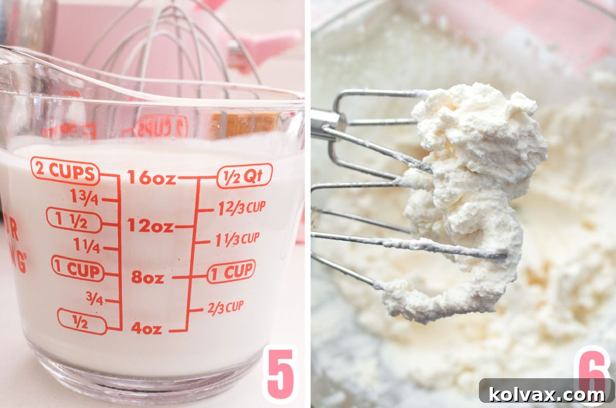 Collage image showing a measuring cup filled with unwhipped heavy whipping cream and a glass mixing bowl filled with beautifully stiff-peaked Whipped Cream, ready for the Pineapple Banana Fluff.