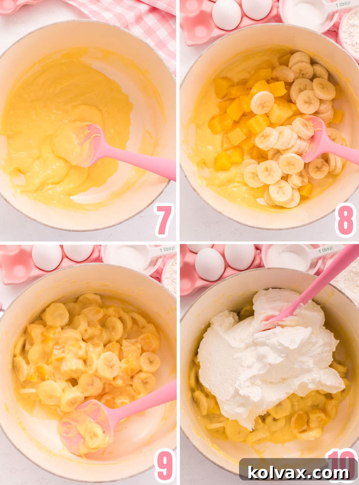 Collage image showing the final steps for assembling the Pineapple Banana Fluff after the custard mixture has cooled, demonstrating how to combine fruit and whipped cream.