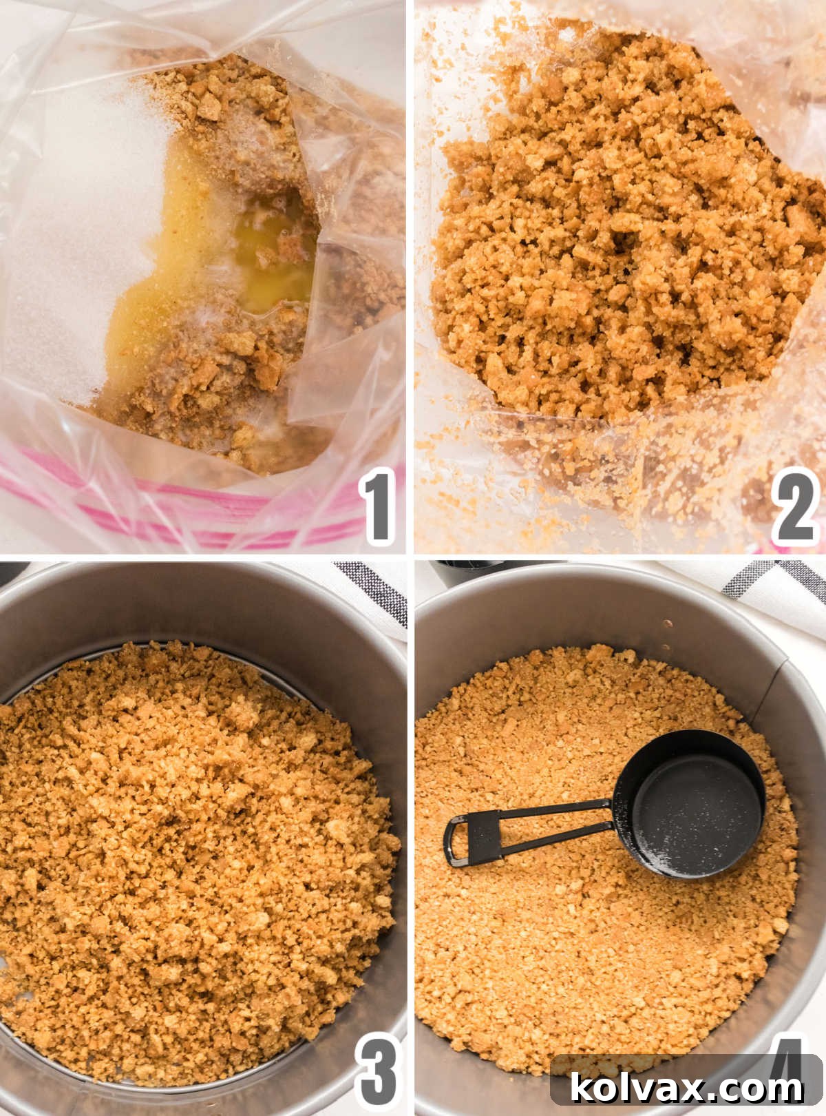 Collage image showing how to make a Graham Cracker Crust for Classic Cheesecake, including mixing crumbs, pressing into a pan, and baking.