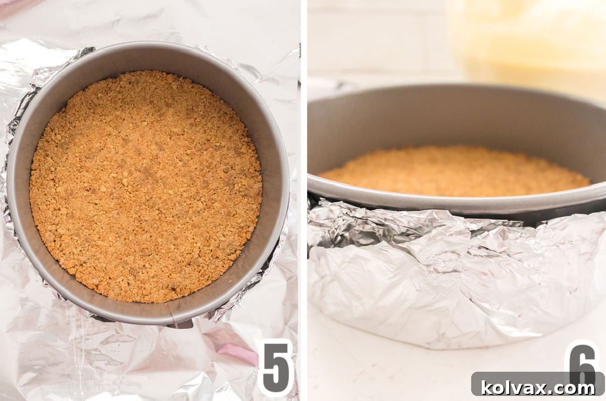Collage image showing how to wrap the springform pan with aluminum foil to get it ready for the water bath, ensuring no water seeps in.