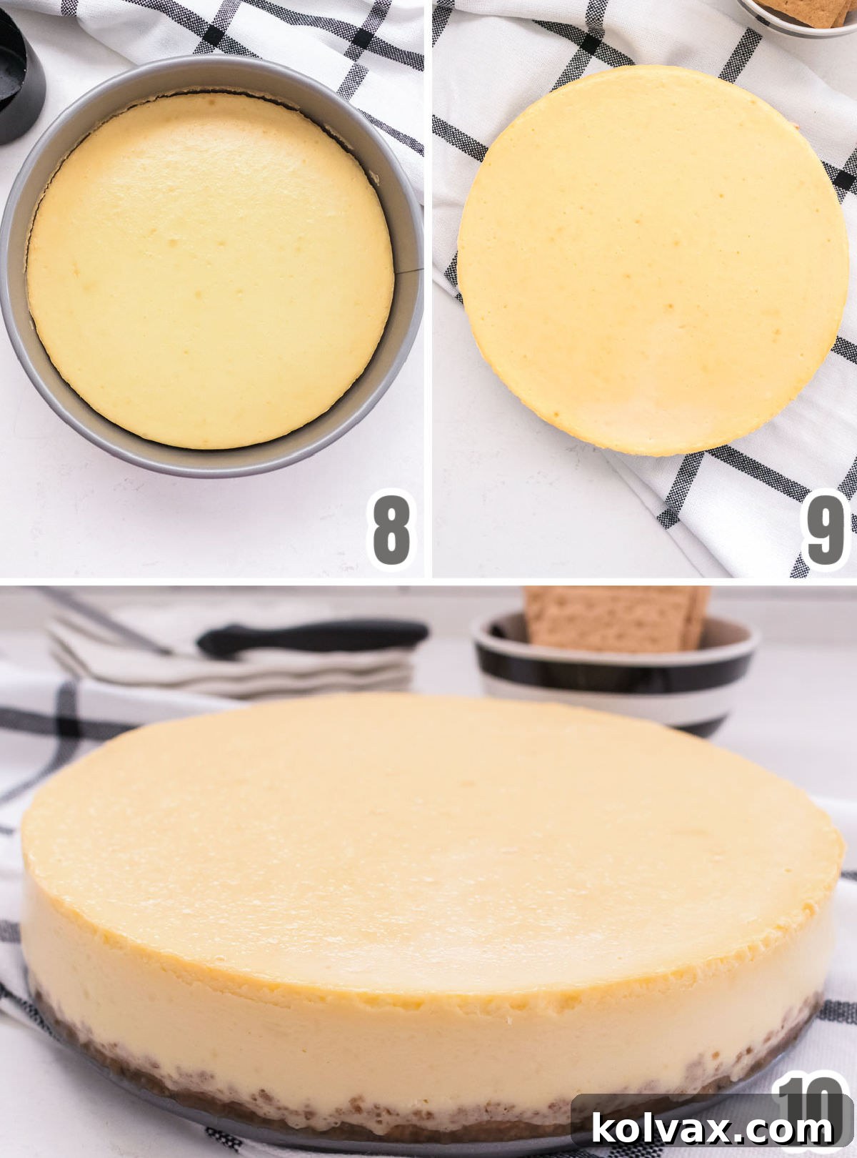 Collage image showing the steps for baking a Classic Cheesecake recipe, including pouring the mixture, setting up a water bath, and the finished product.
