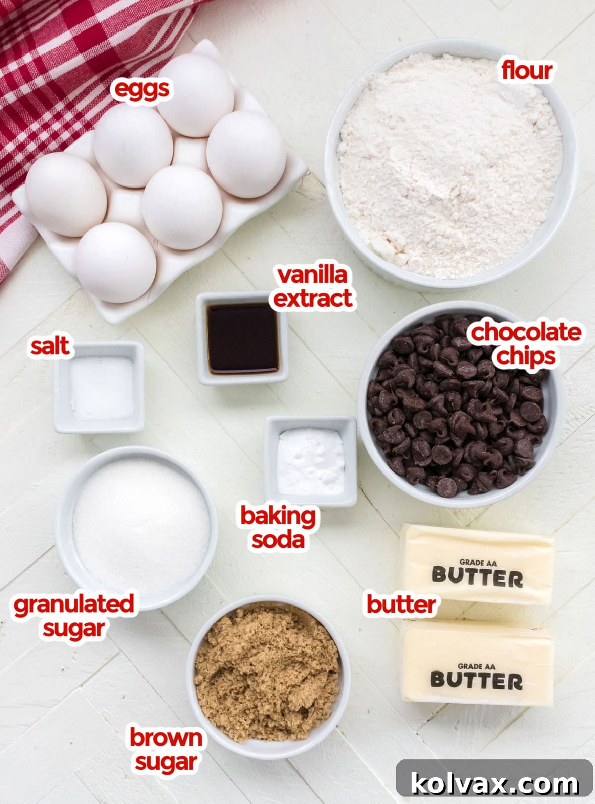 A clean, organized display of all the key ingredients necessary for baking delicious Chocolate Chip Cookie Bars, including generous amounts of chocolate chips, softened butter, fresh eggs, all-purpose flour, granulated sugar, dark brown sugar, pure vanilla extract, a pinch of salt, and baking soda.