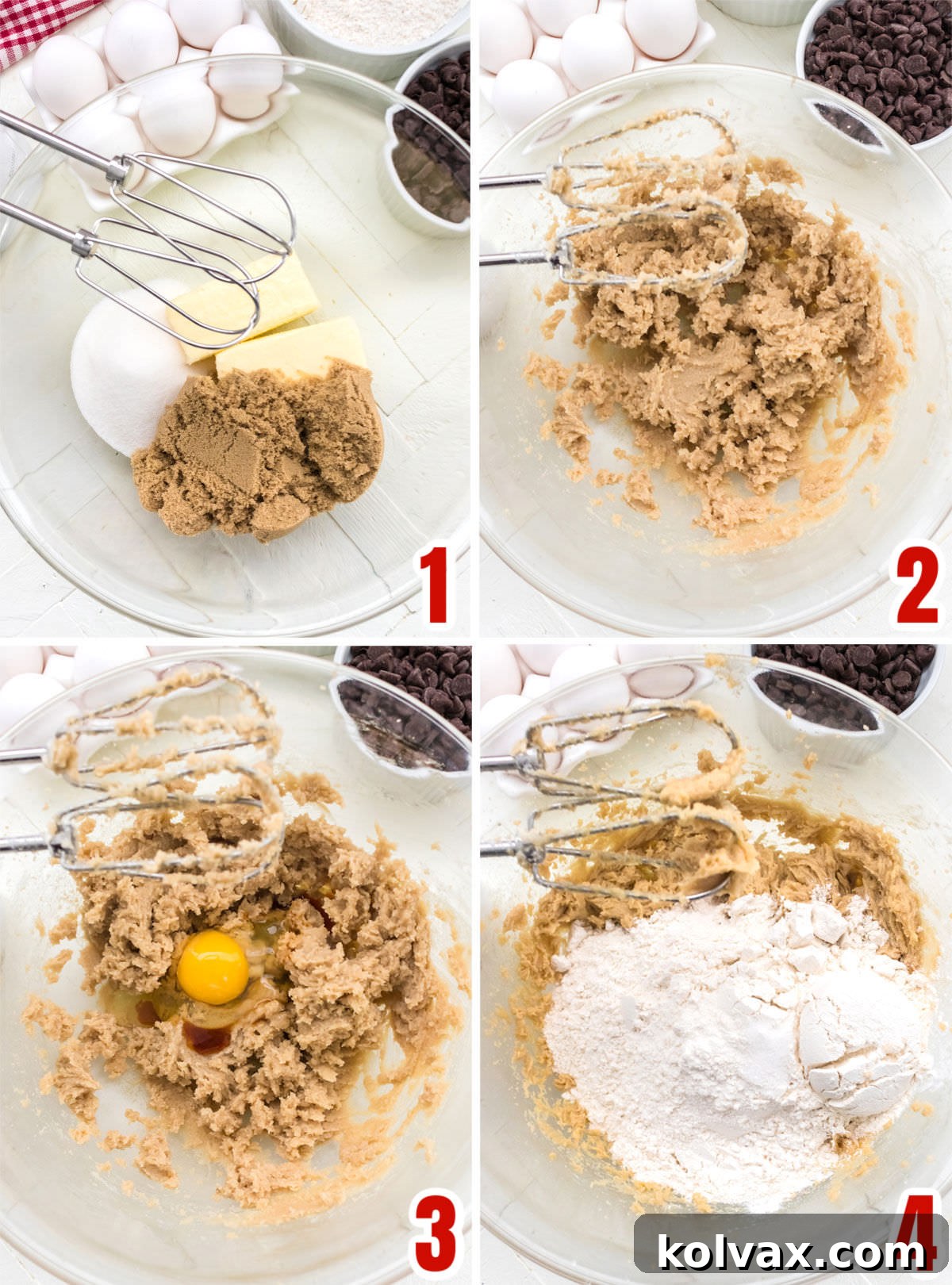 A visual collage illustrating the initial steps for making chocolate chip cookie dough: creaming butter and sugars, adding eggs and vanilla, and combining dry ingredients before mixing everything together.