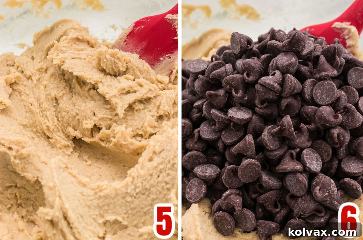 A collage image showcasing the ideal consistency of chocolate chip cookie dough before baking, alongside a visual representation of the generous quantity of chocolate chips to be folded into the batter.