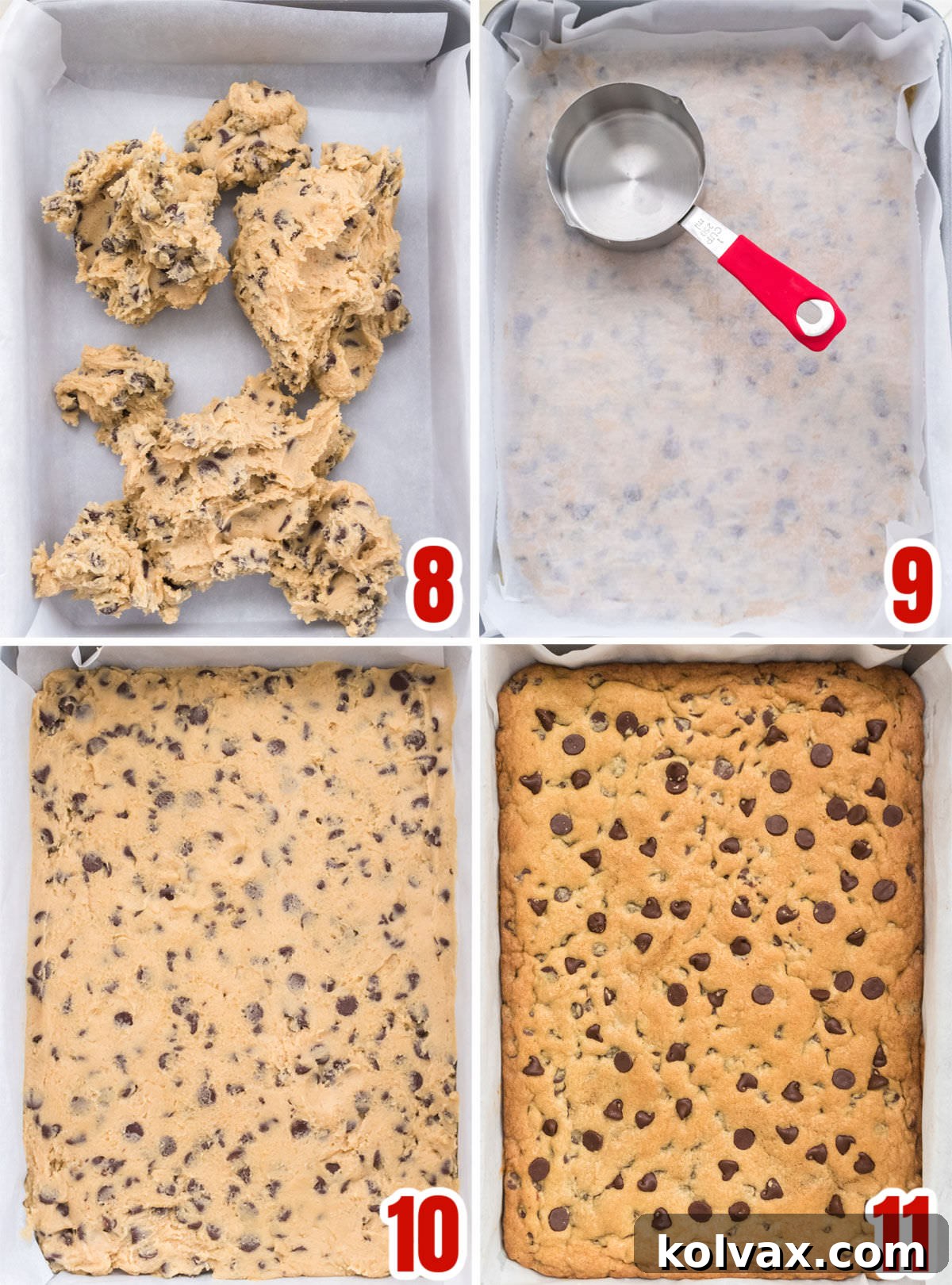 A sequential collage showing the essential steps for baking perfect Chocolate Chip Cookie Bars, from spreading the dough in the pan to the final golden-brown result after baking.