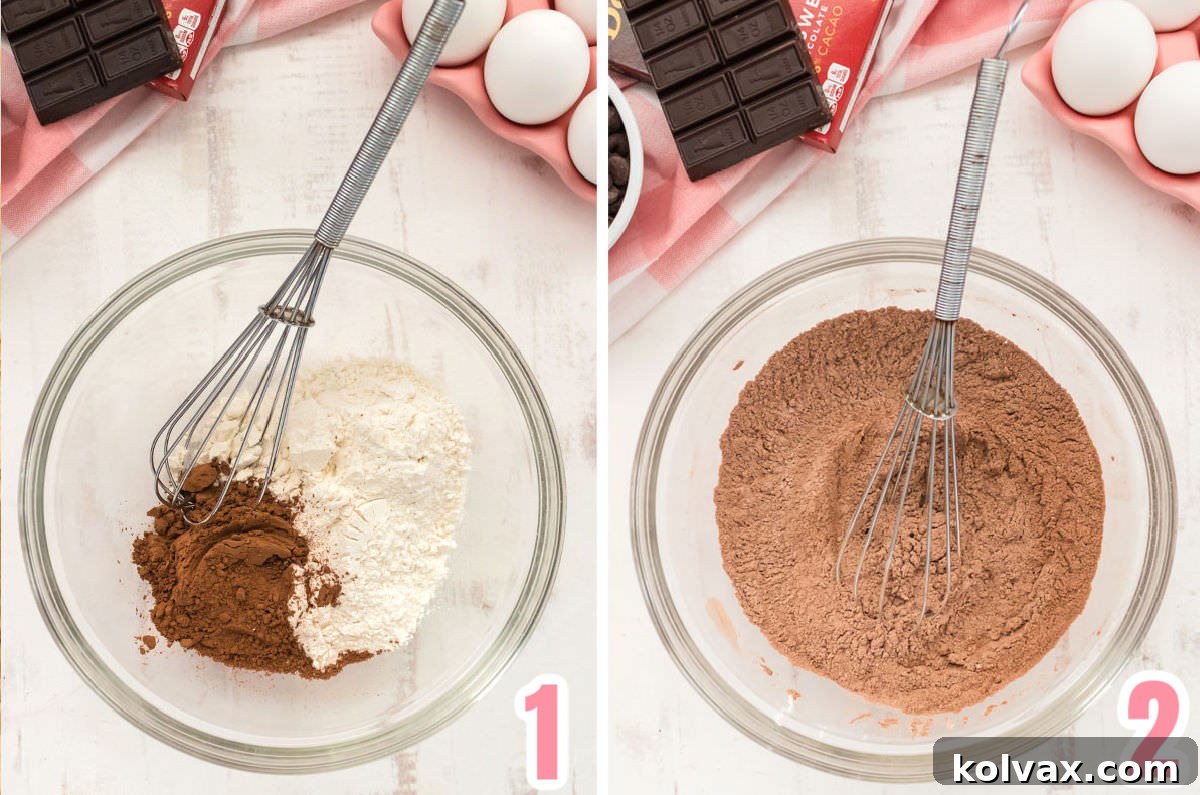 Collage image showing how to whisk together the dry ingredients: flour, salt, and cocoa powder in a mixing bowl.