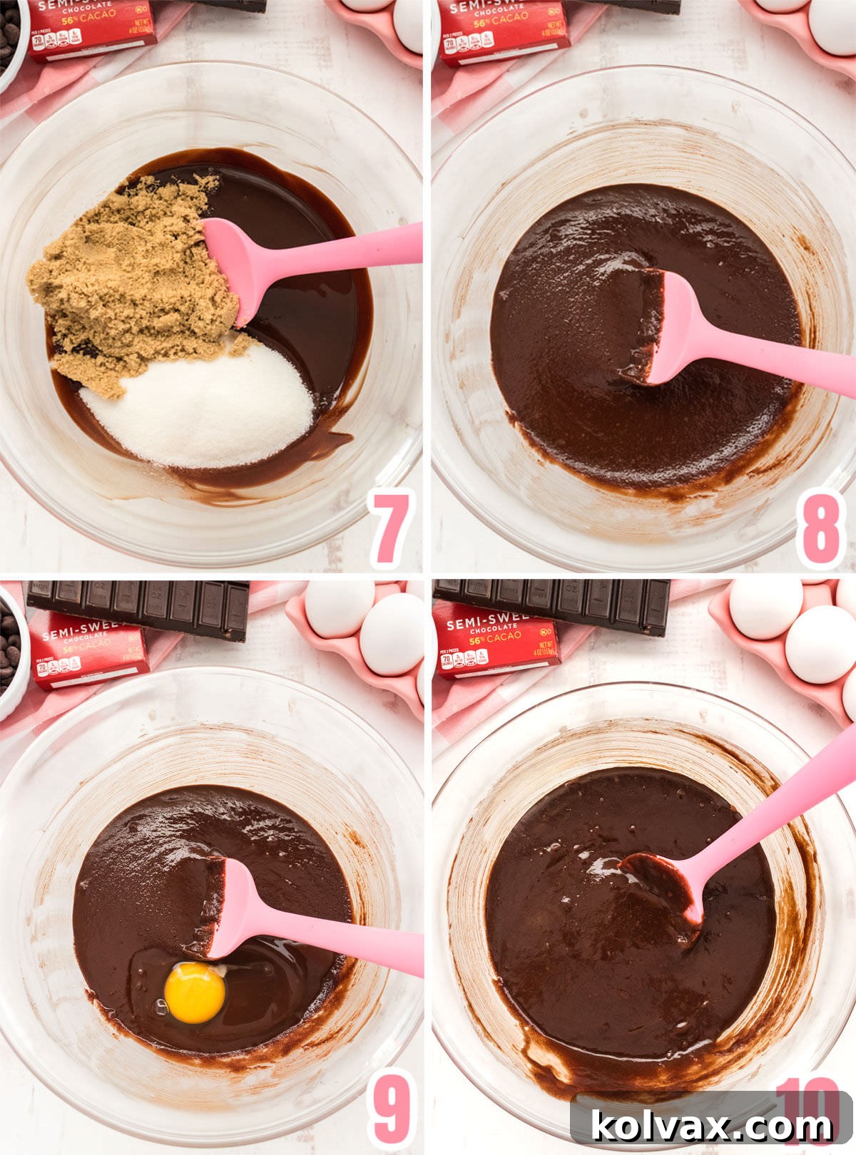 Collage image showing how to make the batter for the Homemade Fudge Brownies, including adding sugars, eggs, and vanilla to the chocolate mixture.