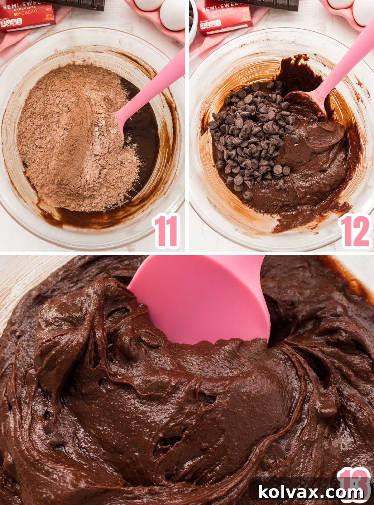 Collage image showing the final steps for making the homemade brownie batter, including adding dry ingredients and folding in chocolate chips.