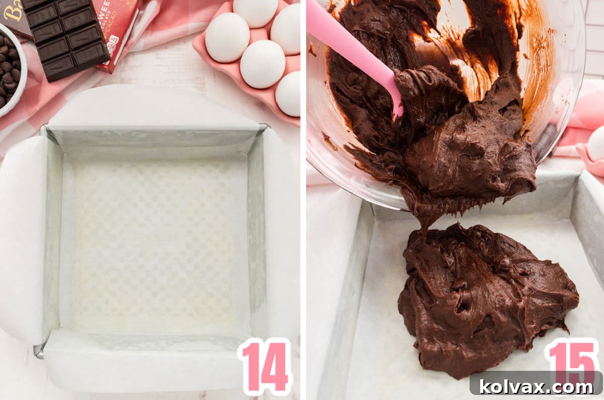 Collage image showing how to prepare the baking pan for the brownies by lining it with parchment paper and pouring in the batter.