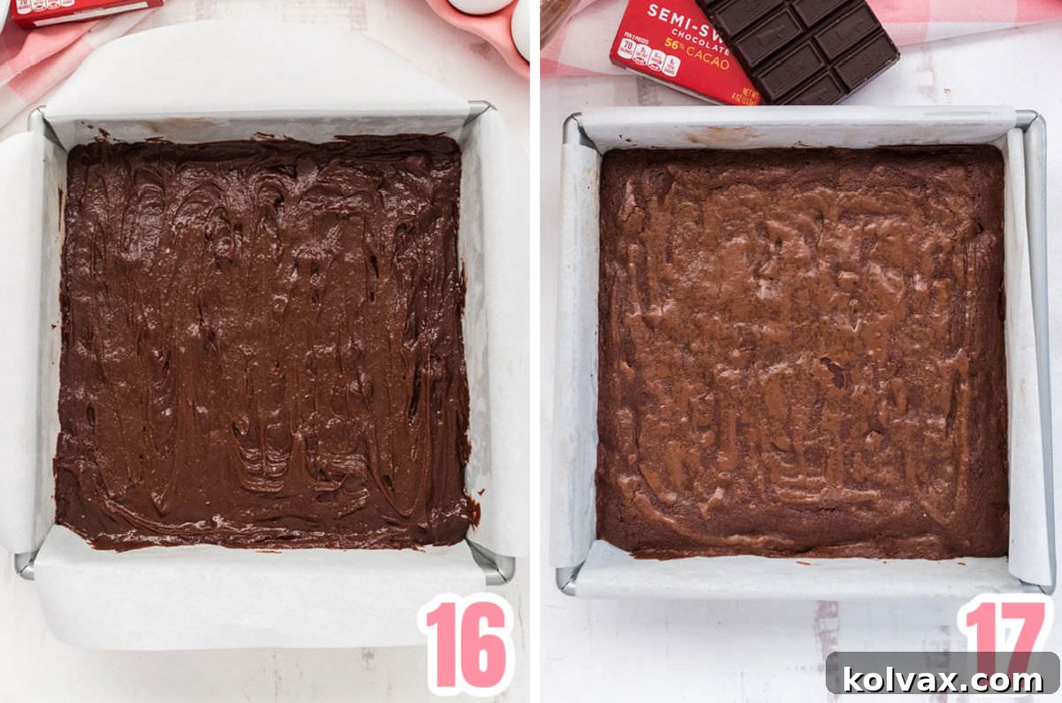 Collage image showing the brownies before they go into the oven and when they just came out of the oven, with a cracked top.