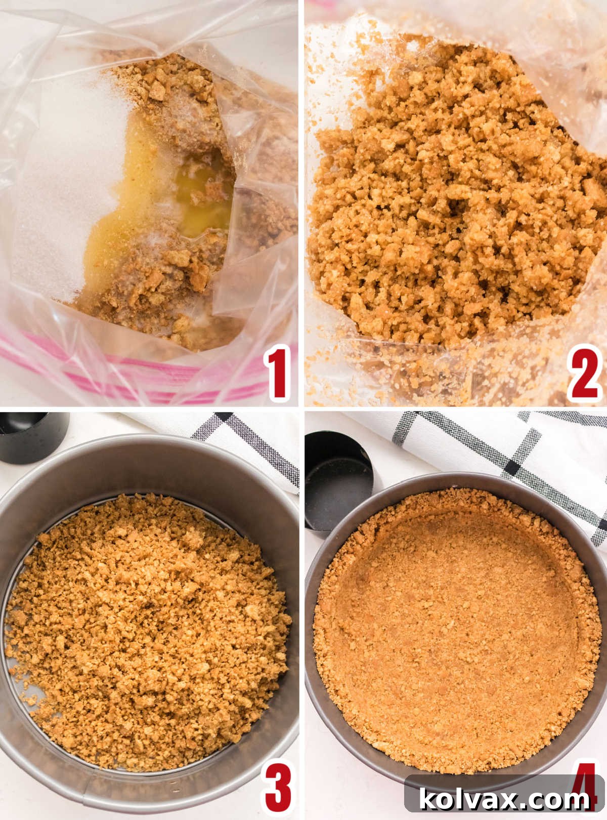 Collage image demonstrating the clear, easy-to-follow steps to create the perfect graham cracker crust for a no-bake cheesecake.