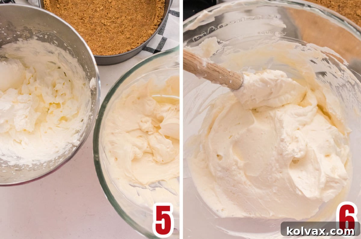 Collage image detailing the process of making the light and creamy cream cheese filling for a no-bake cheesecake.