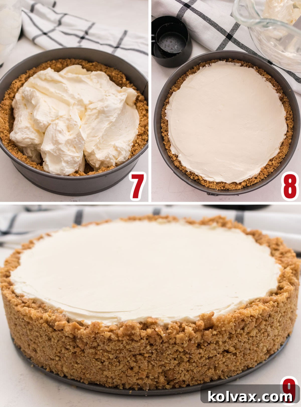 Collage image demonstrating the final steps of assembling the no-bake cheesecake: pouring the filling into the crust and smoothing the top.