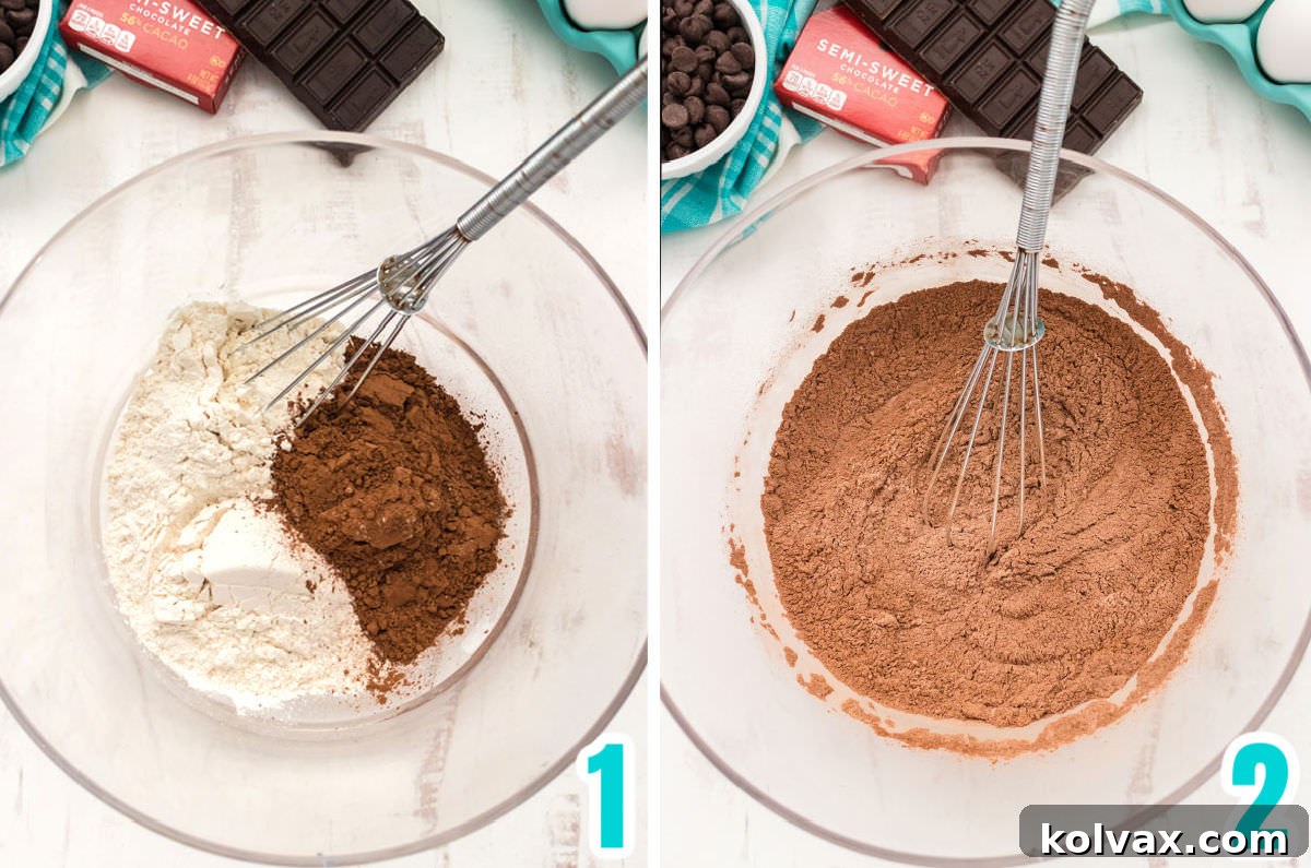 Heavenly Frosted Brownies 4 A collage of images illustrating the process of combining dry ingredients—flour, salt, and cocoa powder—in a bowl, followed by whisking them thoroughly to ensure an even distribution before adding to the wet mixture.