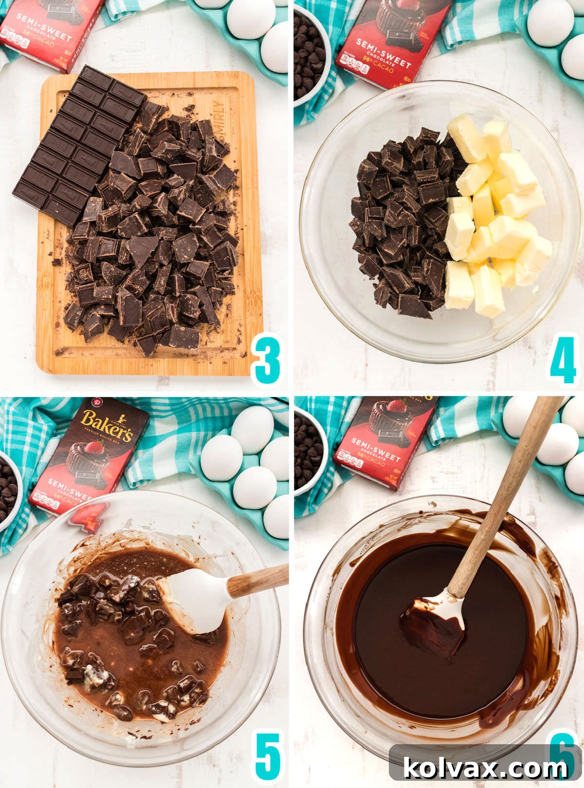 Heavenly Frosted Brownies 5 A visual guide showing the steps for melting baking chocolate and butter together in a microwave-safe bowl, demonstrating the stirring process to achieve a smooth, glossy mixture without overheating.