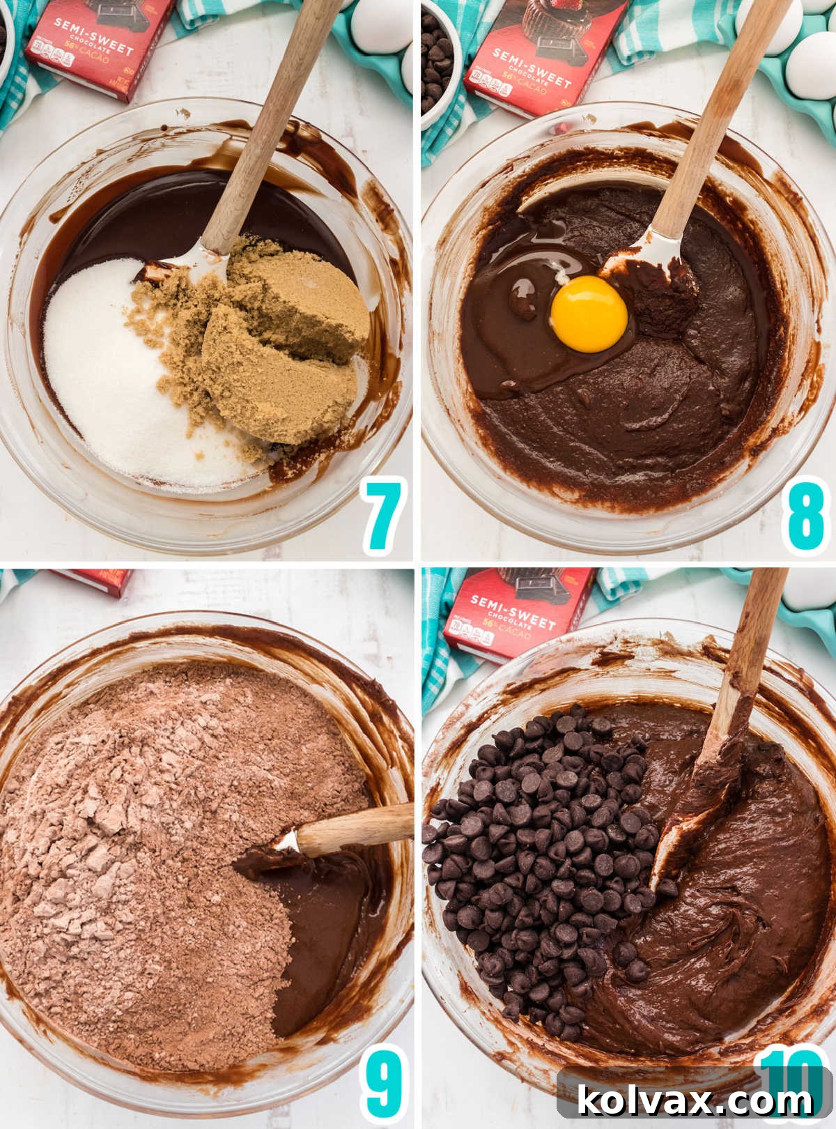 Heavenly Frosted Brownies 6 A collage demonstrating the sequential steps to prepare rich brownie batter, including mixing melted chocolate with sugars, incorporating eggs one at a time, adding vanilla extract, and finally folding in dry ingredients and chocolate chips for a cohesive mixture.