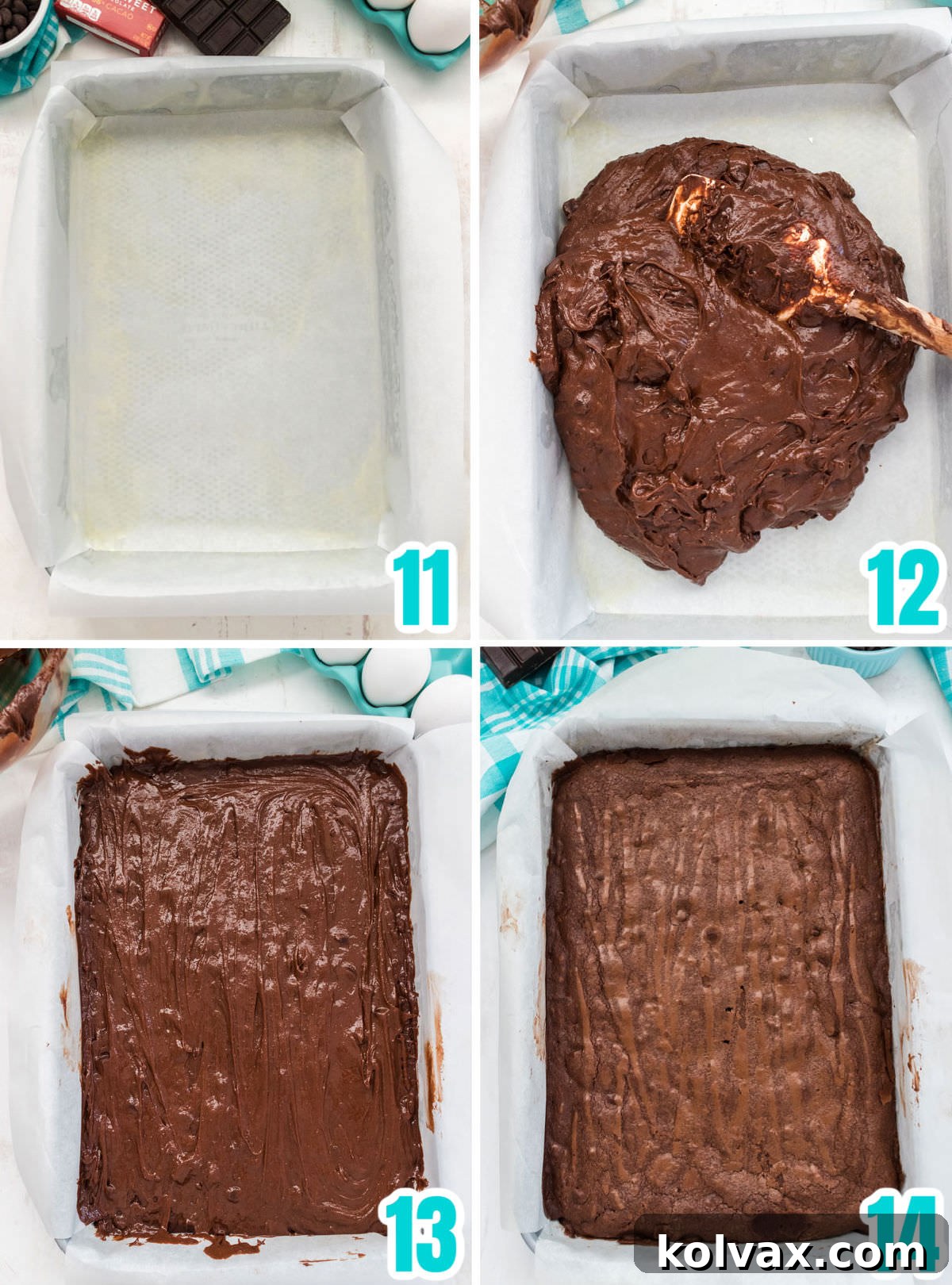 Heavenly Frosted Brownies 7 A visual sequence detailing the preparation of brownie batter for baking, showing a baking pan lined with parchment paper, the batter being poured in, and then spread evenly across the pan surface, ready for the oven.