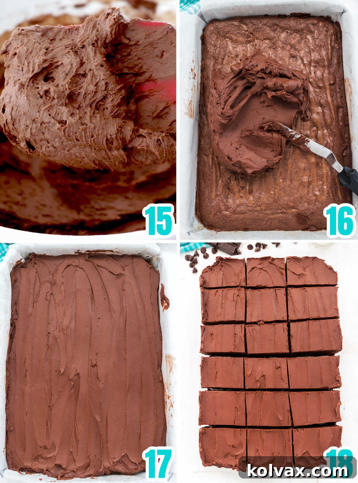 Heavenly Frosted Brownies 8 A step-by-step pictorial guide on frosting freshly baked brownies with a luxurious homemade chocolate buttercream, showing the process of scooping, spreading, and smoothing the frosting for a perfectly finished dessert.