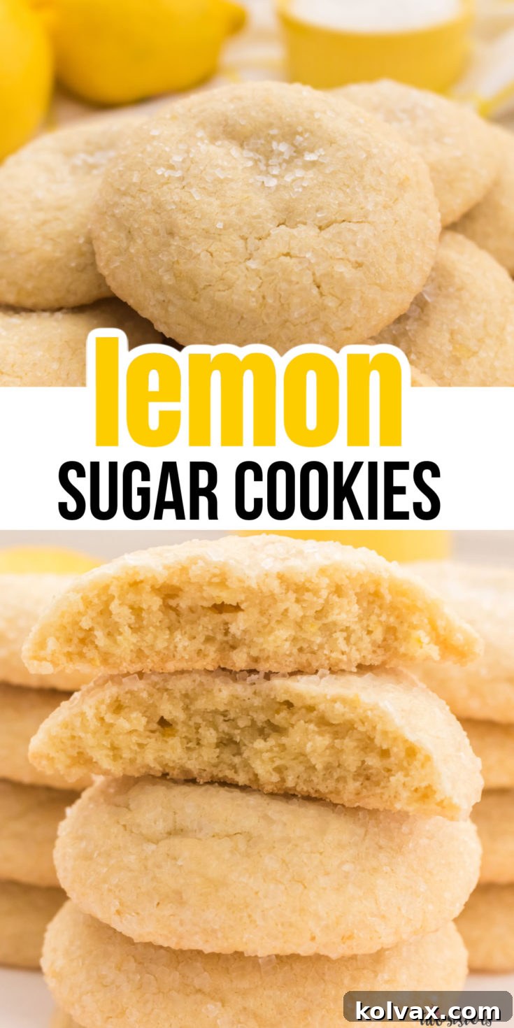 Pinnable image of Lemon Sugar Cookies, perfectly baked with sparkling sugar. A close-up showing the soft interior and crisp edges, ideal for spring and summer desserts. Use this image to save the recipe to your Pinterest board.