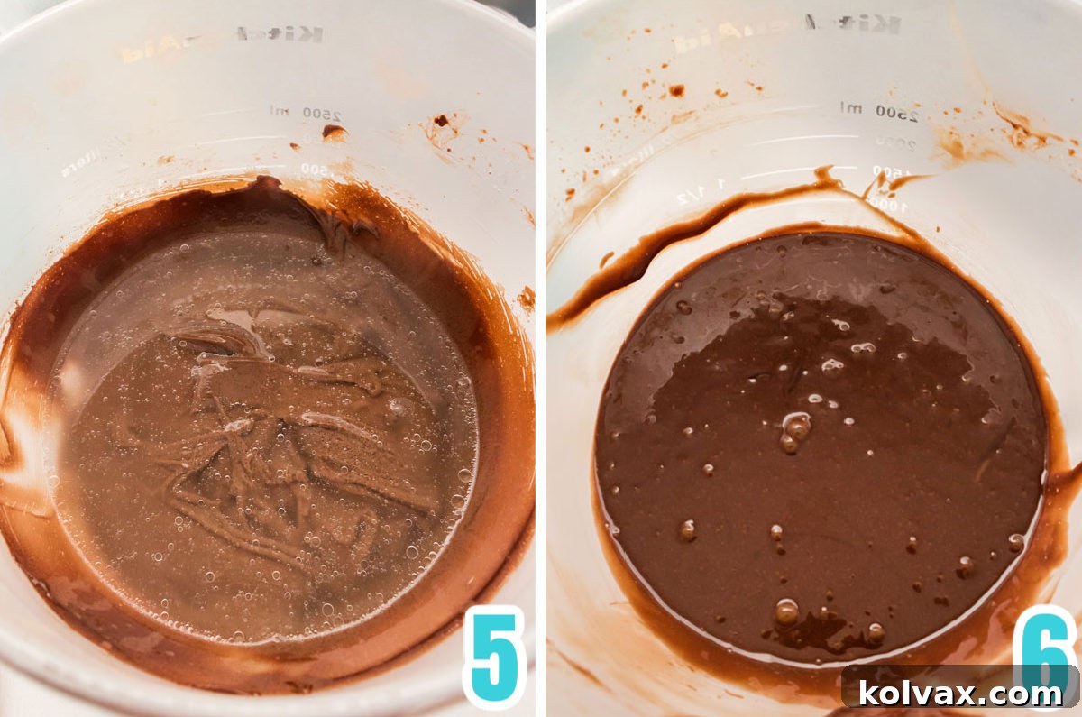 Collage image showing how to add the boiling water to the batter.