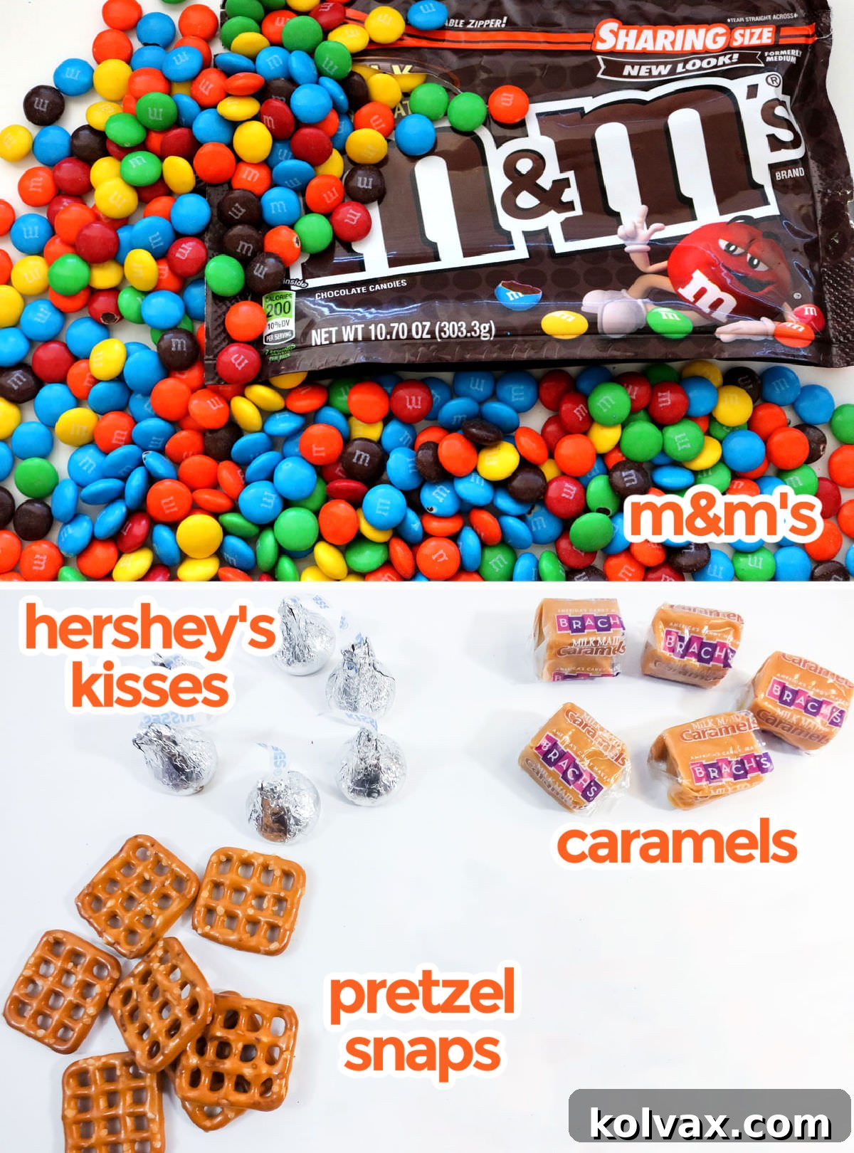 A vibrant flat lay of all four ingredients needed for Thanksgiving Chocolate Caramel Pretzel Bites: pretzel snaps, Hershey's Kisses, soft caramel candies, and a bag of festive M&M's.