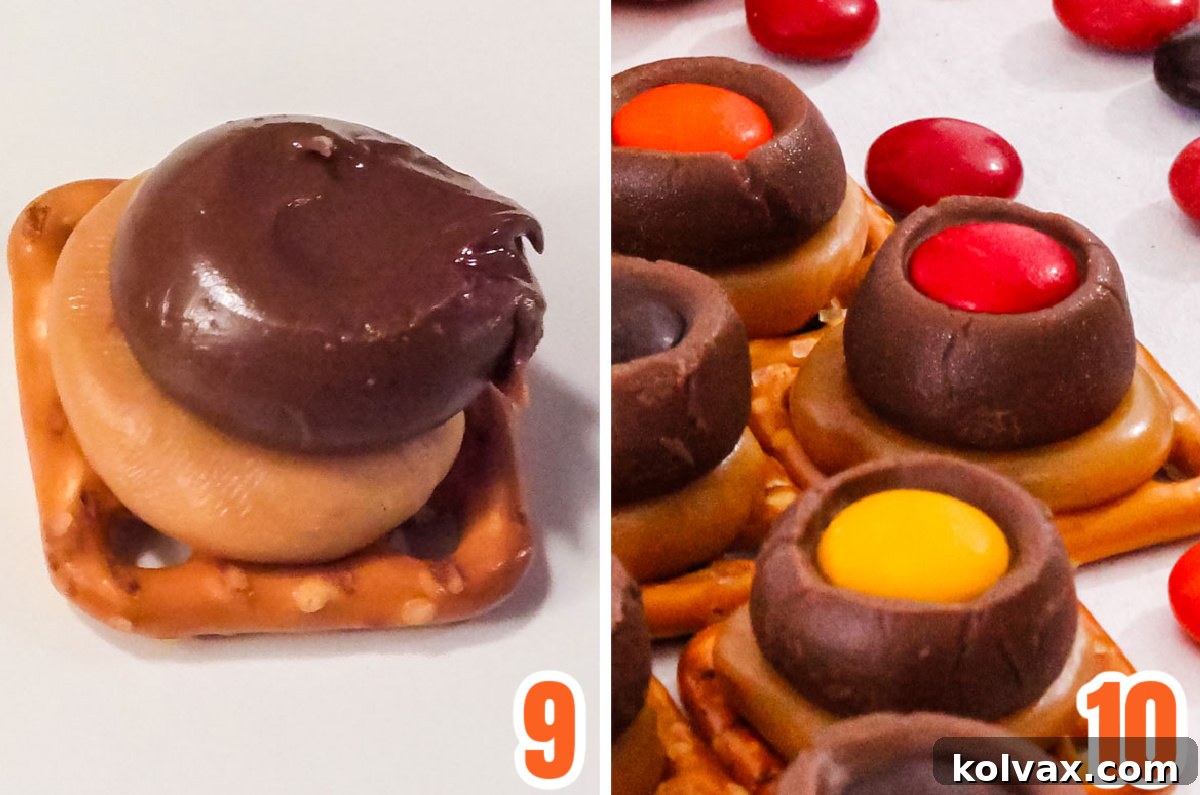 A collage demonstrating the final assembly steps for Thanksgiving Chocolate Caramel Pretzel Bites, showing an M&M pressed onto melted chocolate and the chocolate disc being transferred to the caramel pretzel.