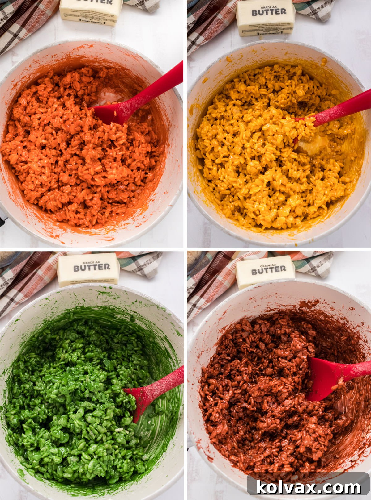 Autumn Foliage Rice Krispie Bars 5 A collage demonstrating the process of coloring Rice Krispie Treat mixture into various fall autumn shades like orange, gold, green, and brown, illustrating how to achieve vibrant hues.