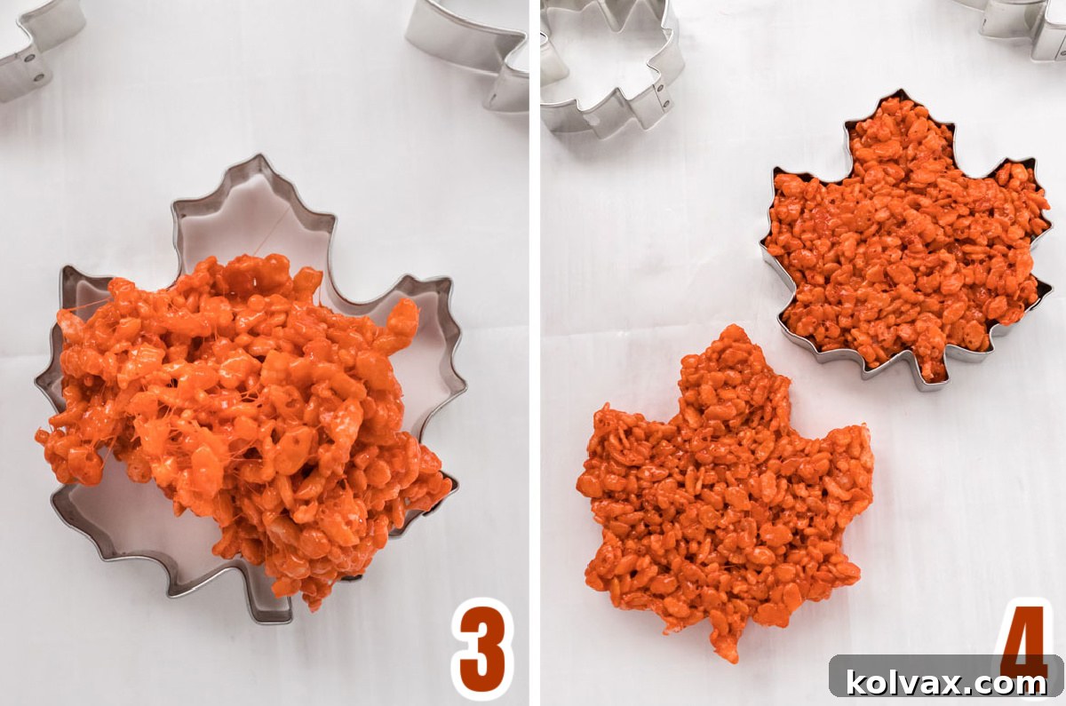 Autumn Foliage Rice Krispie Bars 6 A collage illustrating the technique for molding Rice Krispie Treat mixture into leaf shapes using cookie cutters, ensuring smooth edges and perfect forms.