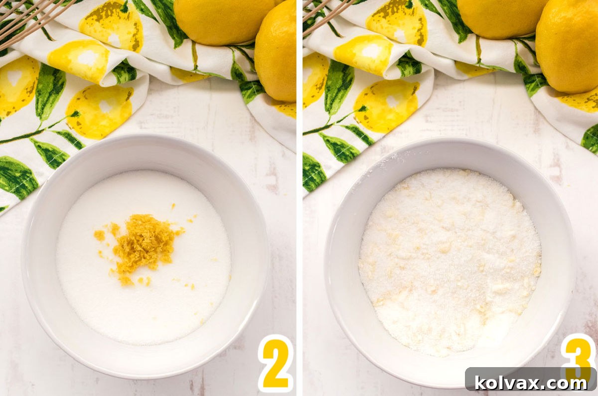 Collage image demonstrating the process of adding lemon zest to granulated sugar and whisking them together to create fragrant lemon sugar.