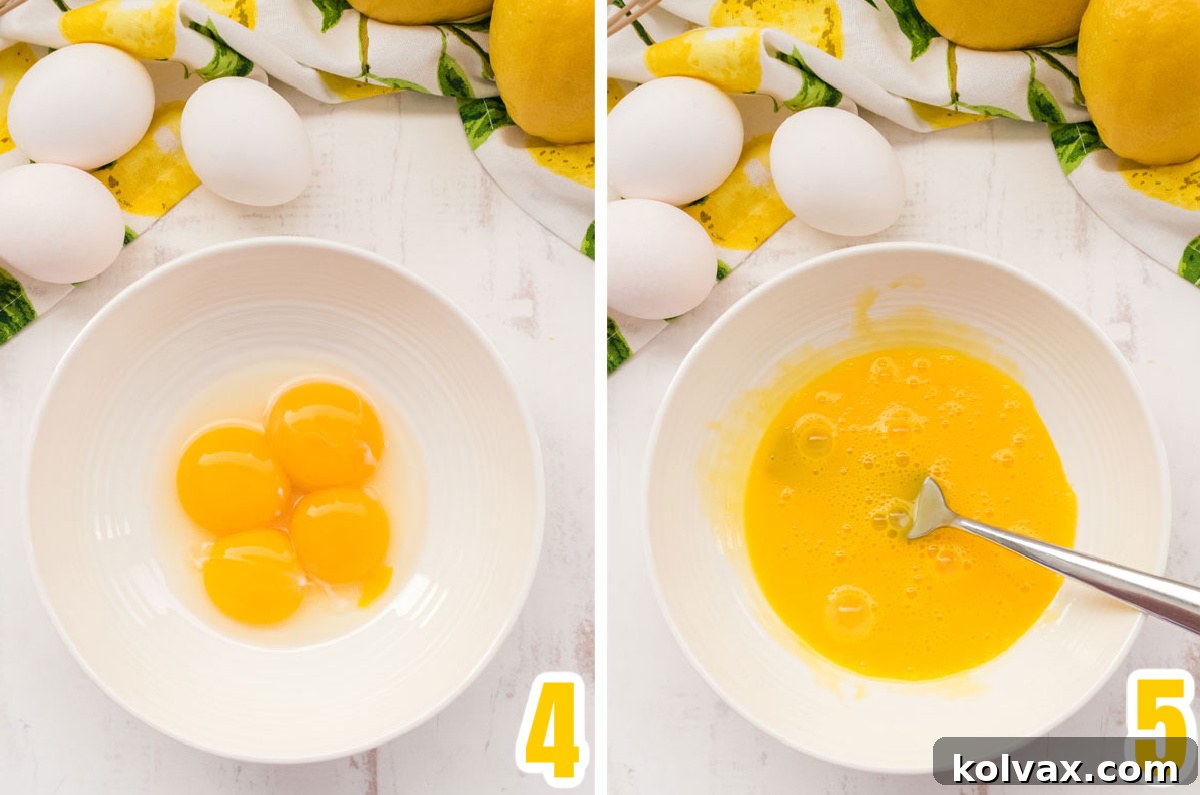 Collage image demonstrating how to separate egg yolks from whites, emphasizing that only the yolks are used for the creamy lemon curd recipe.