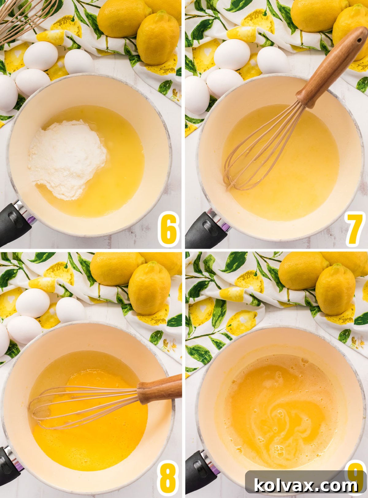 Collage image showing the combination of lemon juice, zest-infused sugar, and whisked egg yolks to form the lemon curd base mixture.