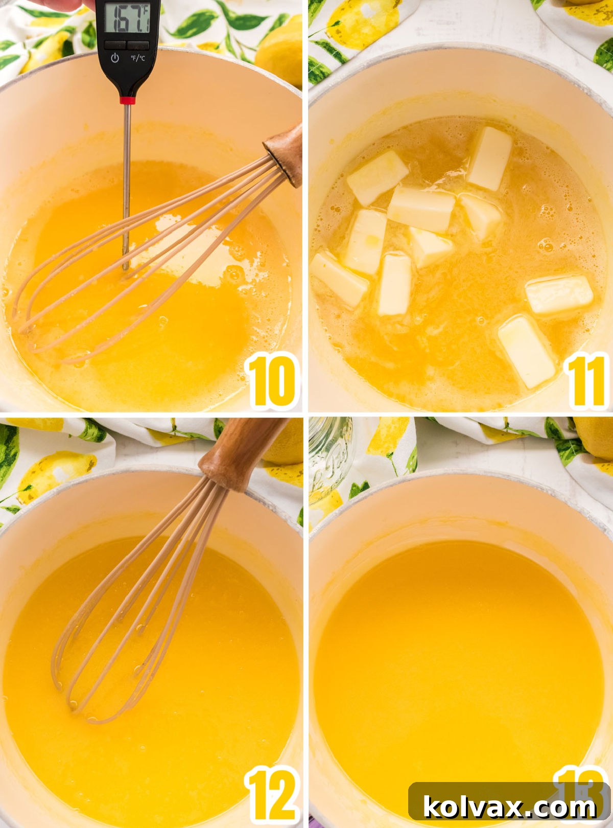 Collage image showing the progressive steps of cooking lemon curd in a saucepan on the stove, from liquid to thickened consistency.