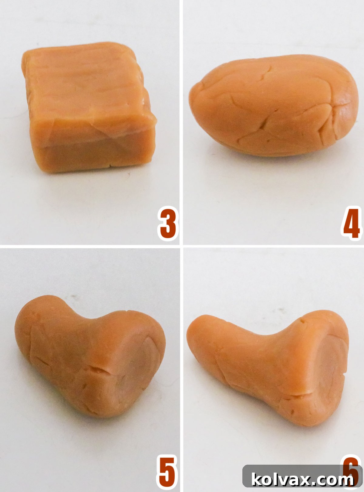 Collage image showing the steps for turning a caramel square into the shape of a cornucopia.