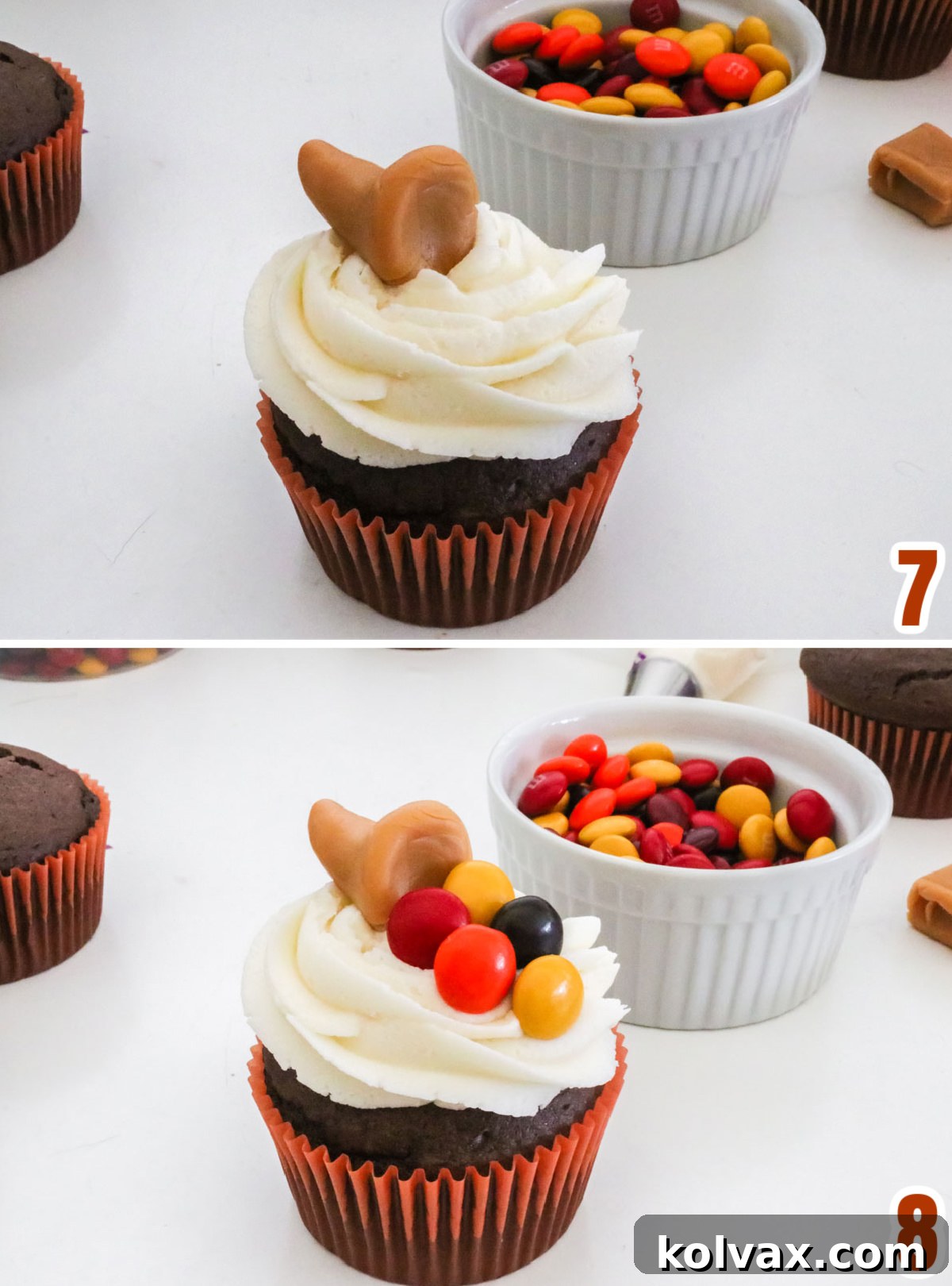 Collage image showing how to decorate the cupcake with the caramel cornucopia and the M&M's.