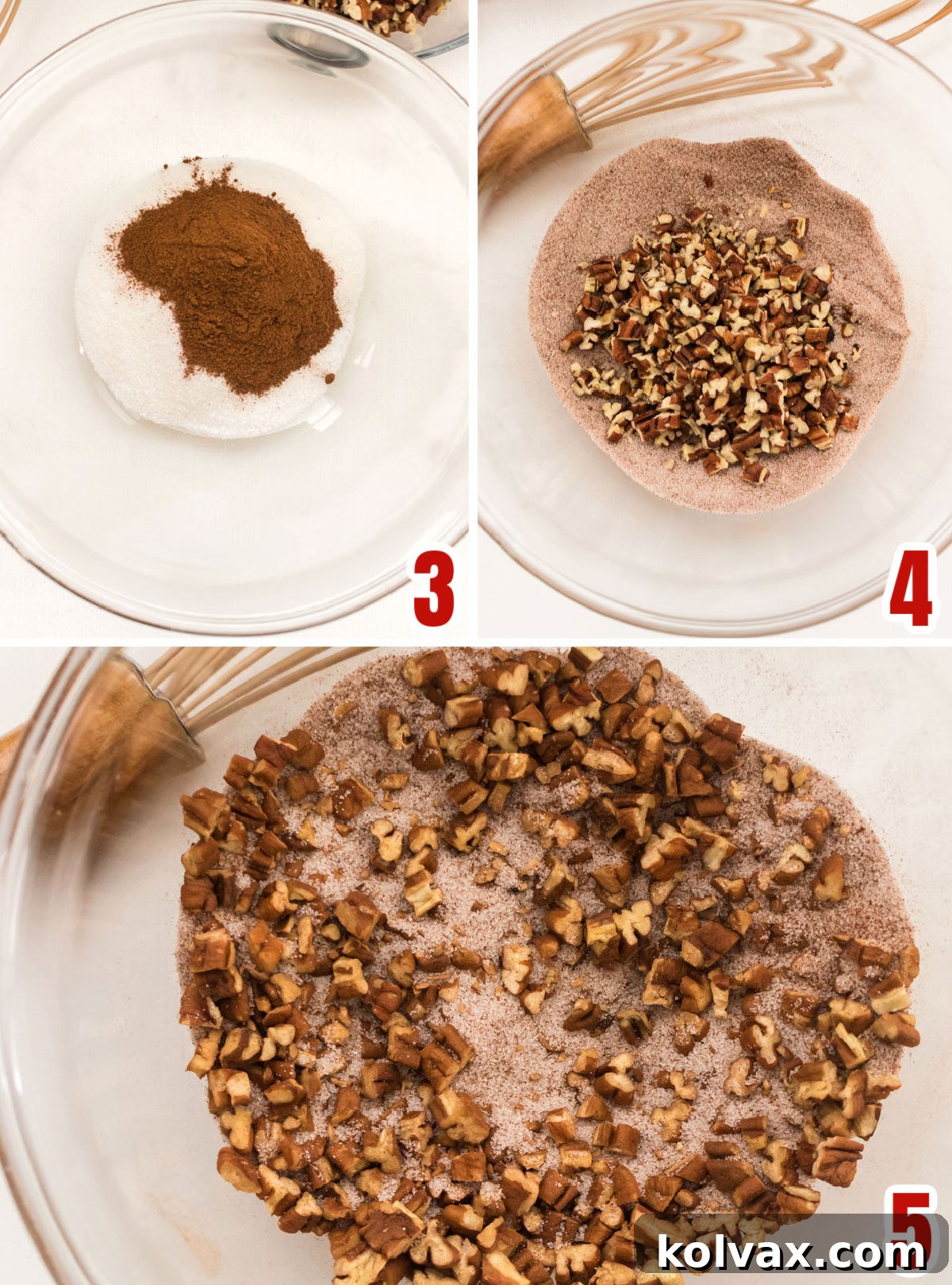 Yuletide Morning Coffee Cake 6 A step-by-step collage demonstrating how to prepare the Cinnamon Sugar Filling for the Christmas Morning Coffee Cake, showing sugar, cinnamon, and chopped nuts being combined.