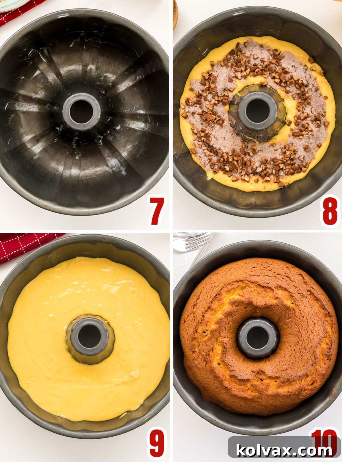 Yuletide Morning Coffee Cake 7 A collage demonstrating the assembly process of the Christmas Morning Coffee Cake in a bundt pan, showing batter layered with cinnamon-sugar filling.
